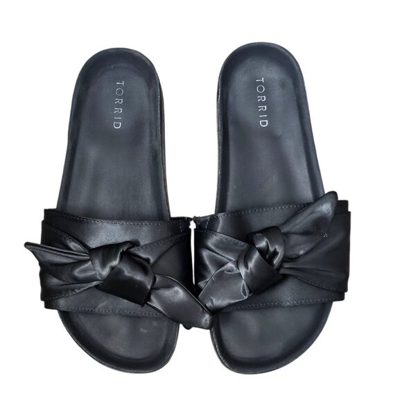 Torrid Black Satin Bow Pool Slides Slip On Flat Sandals - Picture 5 of 9